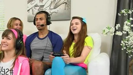 Three Teen Babes Seduce A Gamer And Suck His Huge Dick