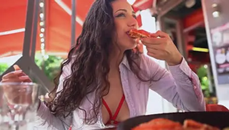Crazy Slut Eats Pizza In Public Restaurant With Sperm Topping