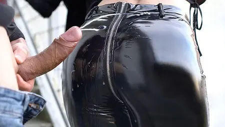 My Friend's Wife With Perfect Ass In Latex Pants Get Cum Covered