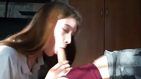 Ravishing Teen Brunette Is Giving A Gentle Blowjob To A Friend, In The Middle Of The Day