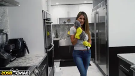 Busty Woman Stops Cleaning Around The House To Pose Nude