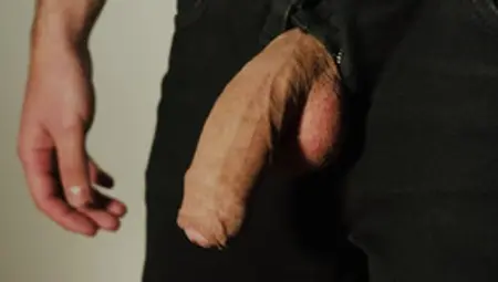 Thick Uncut Dick Growing In Black Jeans. Natural Foreskin. Cum On Black Plate.