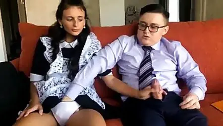 Slutty Maid And A Horny Student Are Fucking Like Two Wild Animals, On The Couch
