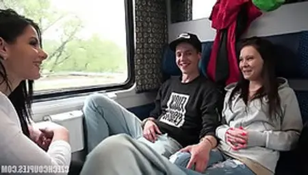 Two Girls And Two Guys Are Having A Foursome In The Public Train And Enjoying It