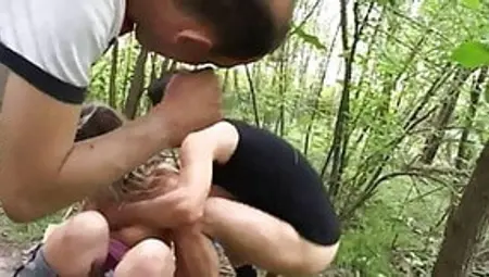 Amateur Threeway With Cumshot In The Woods