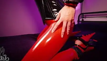 Renee Chained In Red Latex, Chastity Belt, Collar And Cuffs