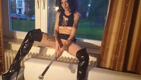 Whore Fucks Herself With A Baseball Bat At The Window For The Neighbours