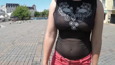 Petite Babe Walks In A Transparent Bodysuit Down The Street BRALESS - Pee Bodysuit