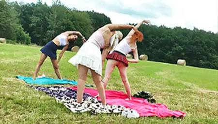 Yoga And Gymnastics Outdoors Without Panties In School Uniform Miniskirt With Hot Tight Pussy, Fitness Girls, Bare Asses
