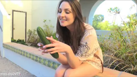 Graceful Brunette Chick Pushes The Cucumber Into Herself With Passion