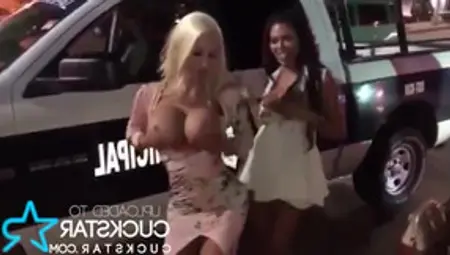 Women Show Tits And Ass In Front Of Police Truck In Mexico
