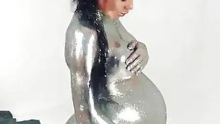 Pregnant Nude Hot Bitch With Silver Body Paint