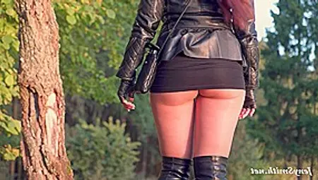 Jeny Smith In Nylon Pantyhose Without Panties Shocked A Biker In The Forest. Bottomless In Public.
