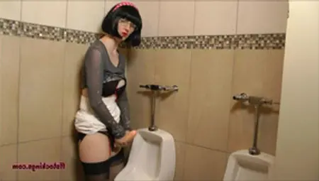 FFstockings - Mature Jerking Off StrapOn In The Mens Room