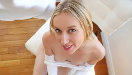 Blue Eyed Babe Teases Before Great Blowjob
