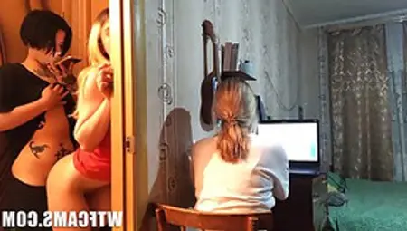 Blonde Chick Is Watching Porn While Her Roommate Is Having Sex With Her Boyfriend, In The Bedroom