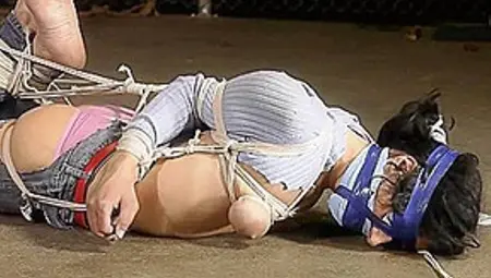 Neck Roped And Hogtied In Denim Shorts