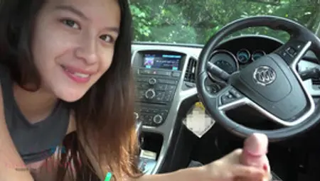Brunette Cutie With Sexy Smile Gives POV Blowjob And Handjob In Car
