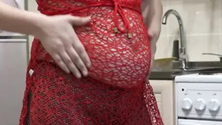 Pregnant MILF With A Very Hairy Pussy, Fucking With A Dildo In The Kitchen