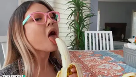 Petite Asian Sucks Banana Before Sucking Big Dick