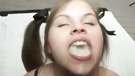 Pigtailed Teen Likes To Eat Fresh Cum As Well As To Drink It, Out Of A Cocktail Glass