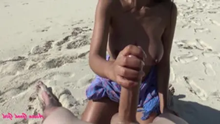Hot Asian Girlfriend Shows Her Tits And Jerks Cock On Beach