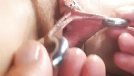 Nippleringlover Inserting Huge Rings Inside Spread Labia Piercings - Close Up