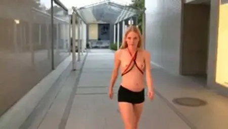 Blond Haired Almost Titless Bitch Sucks Friend's Dick And Walks With Cum On Face