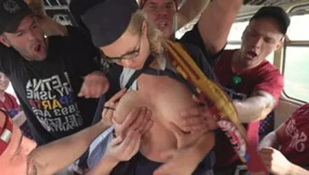 Football Gang Of Hooligans Bangs A Train Conductor