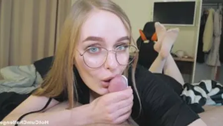 POV Nerdy Blonde Girl With Glasses Gently Licks And Sucks The Pecker