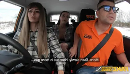 Czech Threesome In Car Massive Tits Babes Dominno And Lady Gang Screw Instructor - Dominno