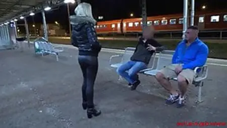 Public Threesome With Double Facial Directly On The Station!