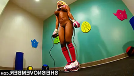 4K Ebony Model Babe Pressured To Jump Rope Naked By Coach