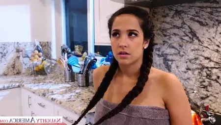 Frisky Brunette Hair With Braids Is Getting Banged In The Kitchen, In The Centre Of The Day