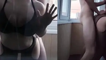 Lovers Were Caught Fucking On The Balcony Into Front Of Neighbor. Outdoors Sex