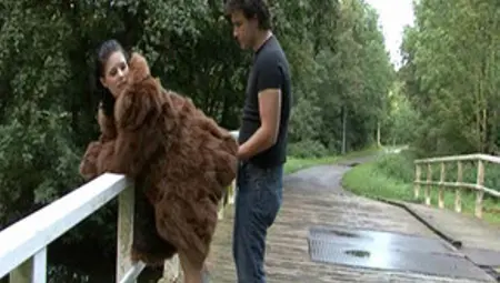 Pale Dark Haired Sweety In Furry Coat Gets Banged Doggy Style Outdoor