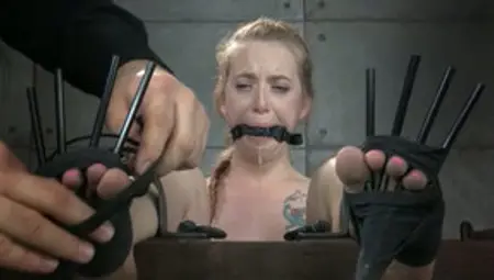 Alluring Blonde Girl With A Gag In Her Mouth Gets Her Feet And Pussy Tortured