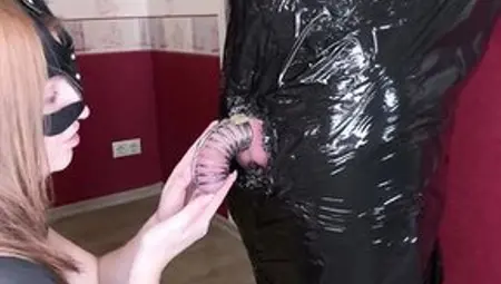 Plastic Cling Wrapped Servitude Cum In Chastity Cage And Ruined Afresh - Femdom