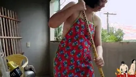 Nudist Housewife Cleaning Balcony