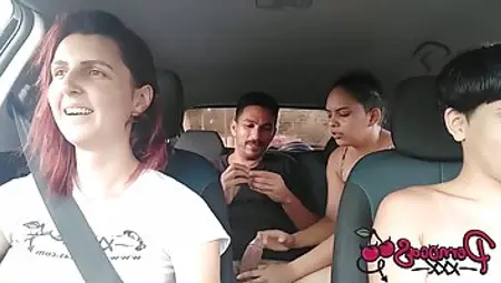 Horny Couple Is Fucking In The Back Of A Car While Their Friends Are In Front