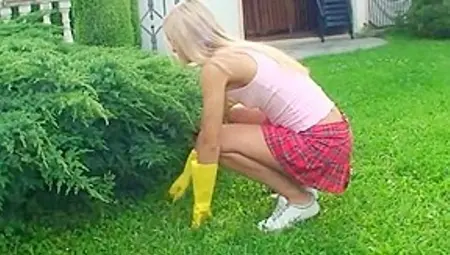 Skinny Flat Chested Blonde Having Fun After Gardening Work