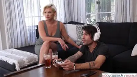 MILF With Big Tits In Lingerie Playing Video Games And Pussy Fucking With Son's Friend