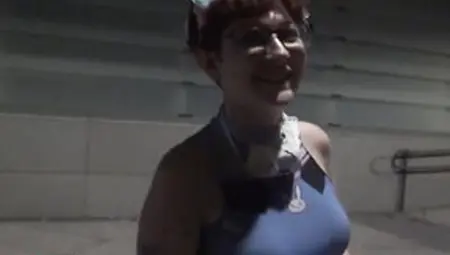 Breasty Nerd Redhead Looks For Lads To Suck In A Public Street