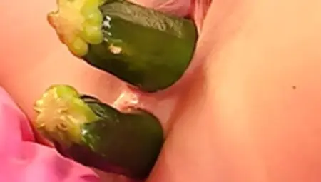 Young Blonde Is Drilling Her Holes With Big Vegetables