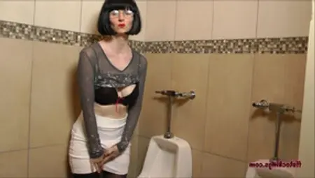 Ffstockings - Older Cock Hungry Babe Jerking Off Strapon In The Mens Room