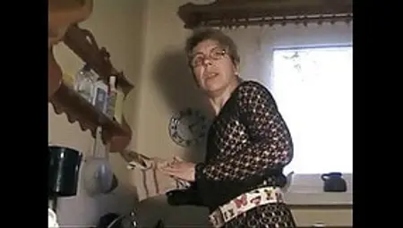 Grandma In Tights Jerking Off In The Kitchen