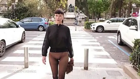 Shameless Babe Went Out Wearing Sheer Pantyhose And No Panties, Because It Excites Her A Lot