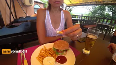 Eating Burger And Flashing In The Cafe Transparent T-shirt No Bra (teaser) V2