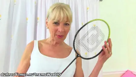 English Gilf Elaine Sticks A Badminton Racket Up Her Pussy