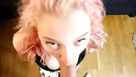 Charming Gal With Pink Hair, Amadani Is Kneeling In Front Of Her Guy And Sucking His Dick